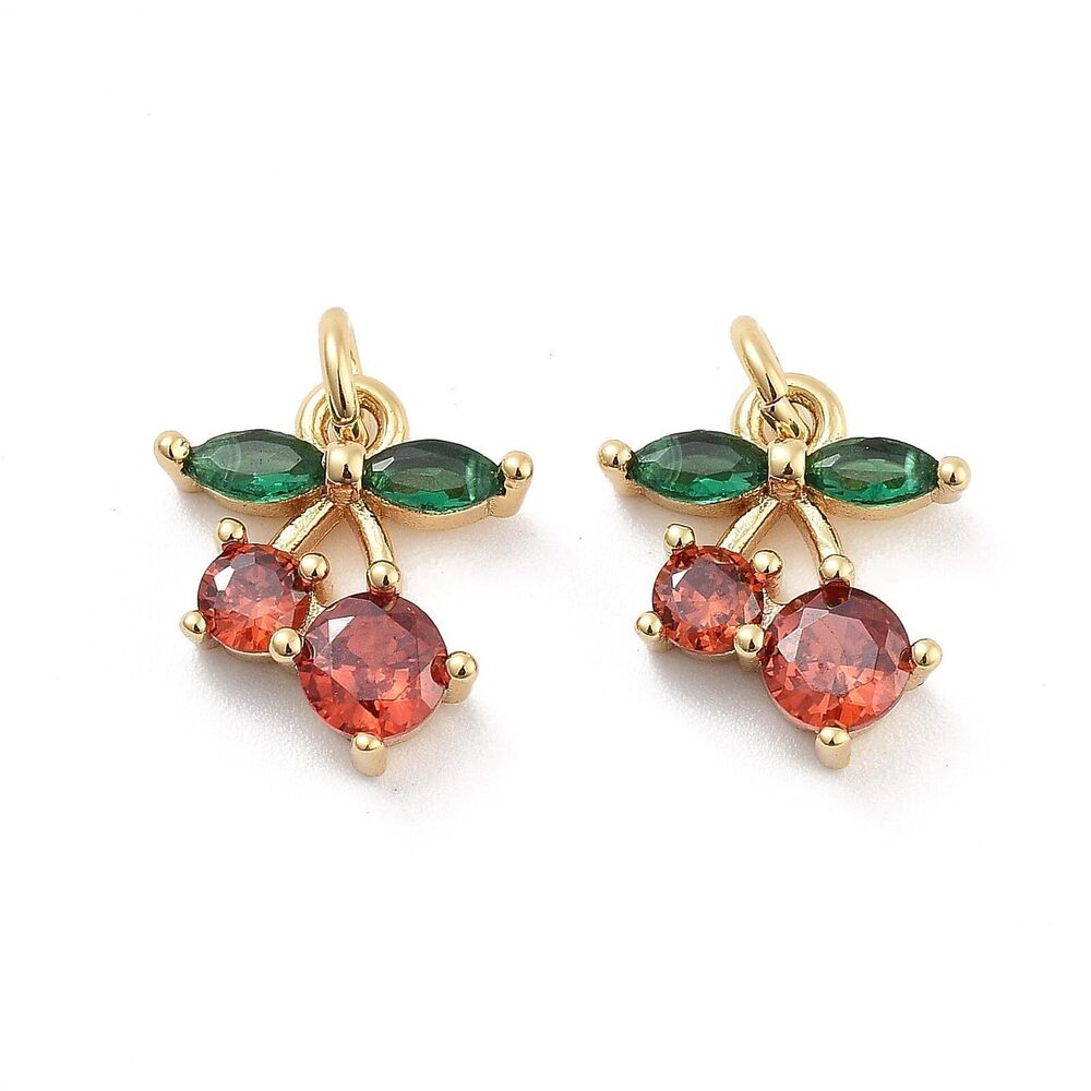 7091 10Pcs Brass Cubic Zirconia Cherry Charms 18K Gold Plated Red Cherry